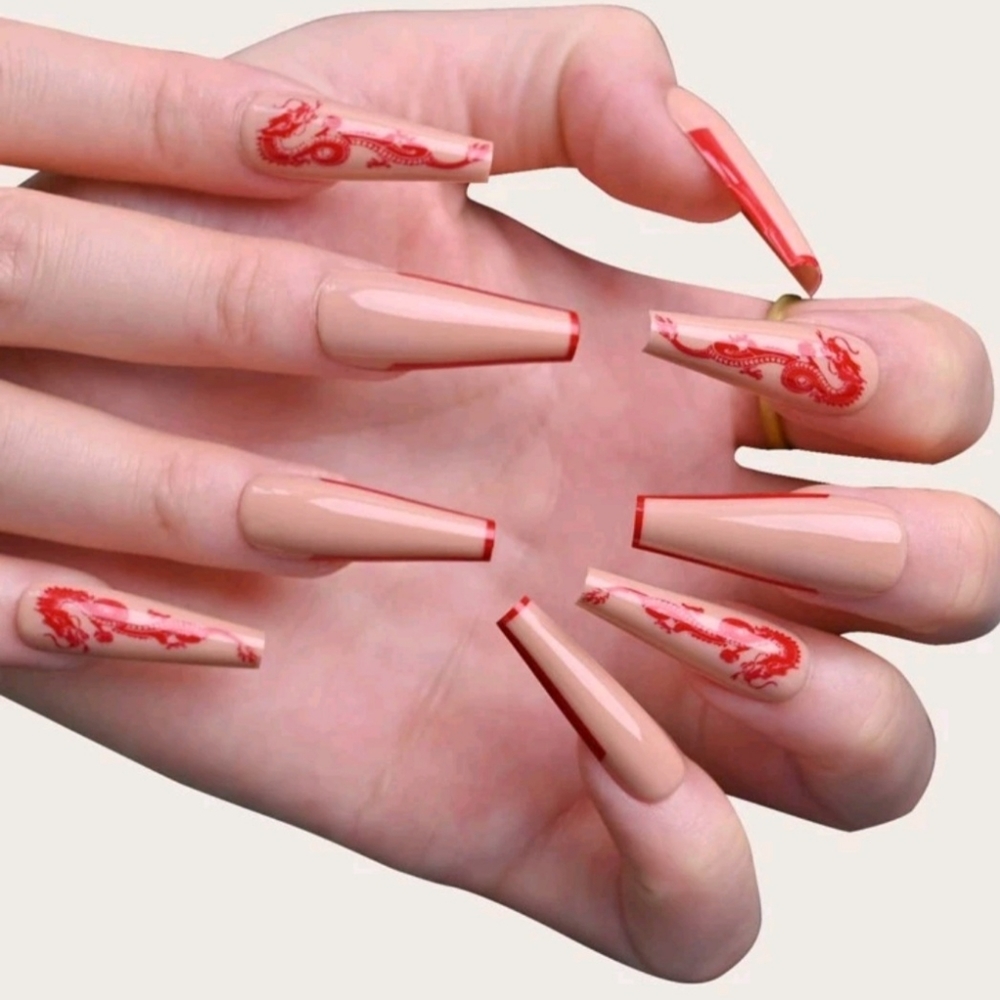 Red Dragon Coffen Fake Nails